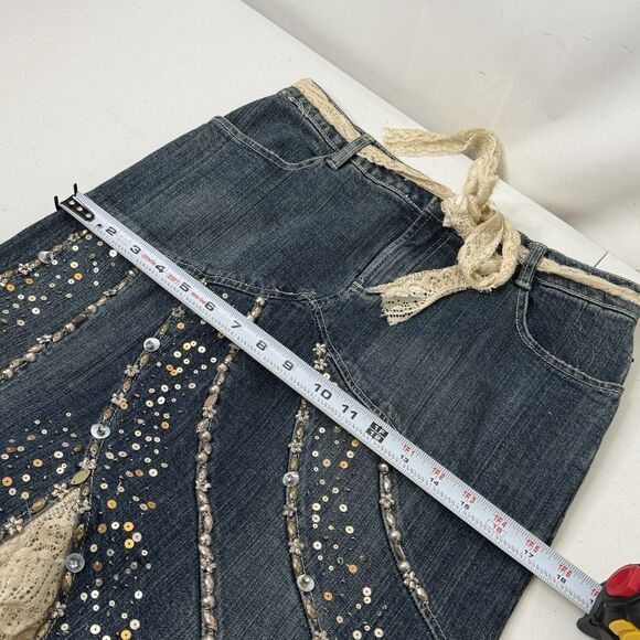 VTG Y2K Boho Fairycore Denim Ruffle Skirt Asymmetrical Lace Beaded Sz S Festival - Picture 9 of 14